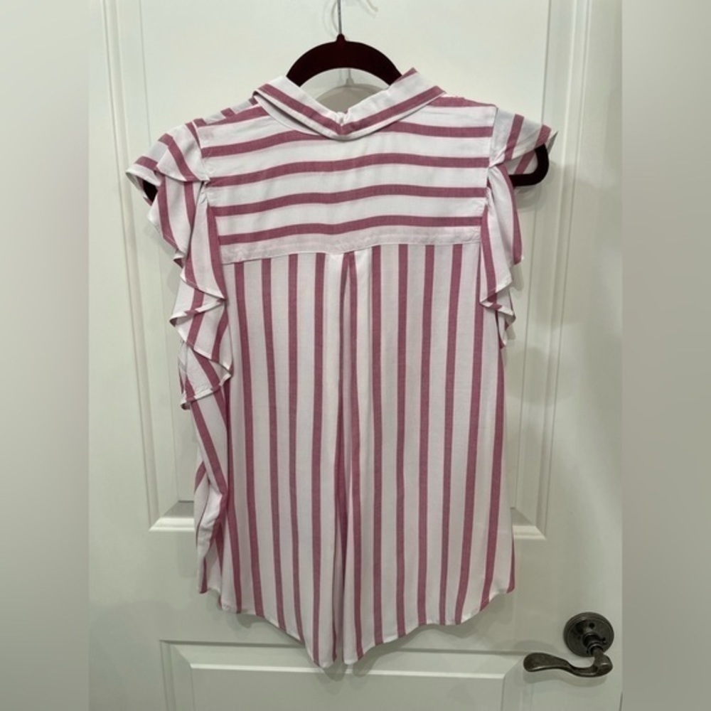 Anthropologie Maeve Fairhope Striped Button Down Flutter Blouse in Pink - Picture 8 of 14